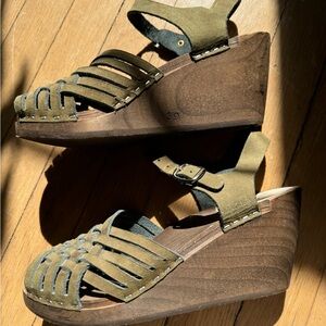 Women’s Maguba Swedish Clog Woven Leather Sandal Olive Green Size 39